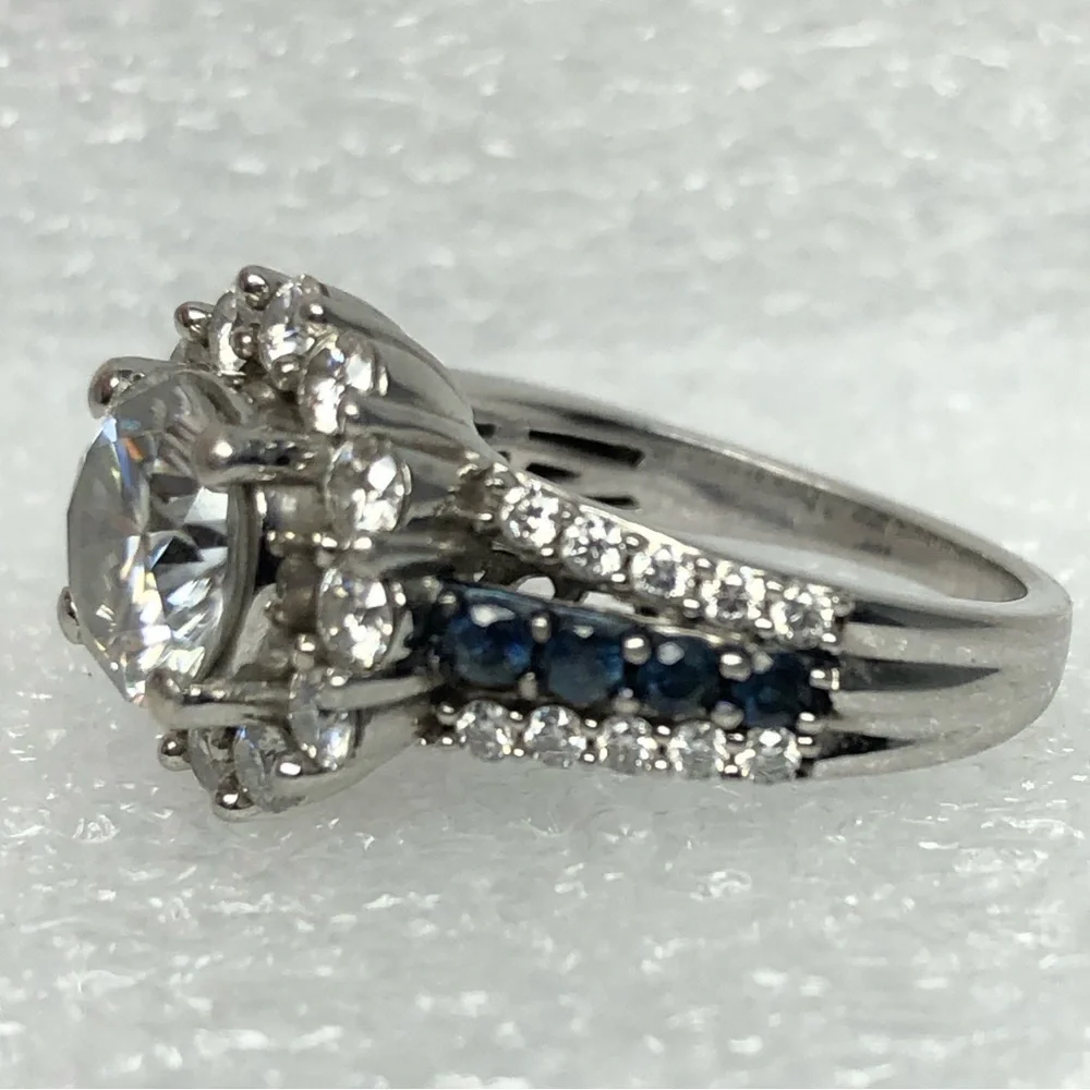 Moissanite Ring Blue Sapphire Platineve Halo Size 6